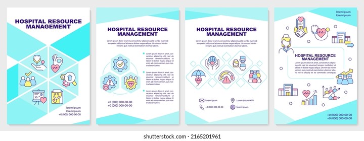 Hospital Resource Management Turquoise Brochure Template. Leaflet Design With Linear Icons. Editable 4 Vector Layouts For Presentation, Annual Reports. Arial-Black, Myriad Pro-Regular Fonts Used