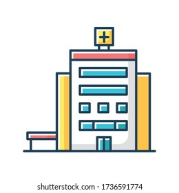 Hospital RGB color icon. Town clinic facade. Healthcare department exterior. City medical building entrance. Public health service house. Health center. Isolated vector illustration