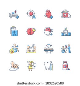 Hospital RGB color icons set. Walk in clinic. Radiology and cardiology department. ICU. Hospital ward. Medical healthcare. Rehabilitation. Hospital department. Isolated vector illustrations