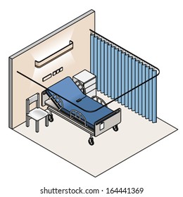 A hospital room with a bed, chair, bedside cabinet, and curtains.