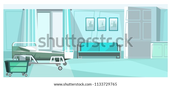 車輪の上にベッドを持つ病院の部屋のベクターイラスト 快適なソファ 壁やドレッサーの写真を備えた 青い個室の診療所 患者室のイラスト のベクター画像素材 ロイヤリティフリー
