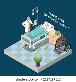 Hospital Room With Cancer Patient Lying On Bed Oncologist Wheelchair 3d Isometric Vector Illustration