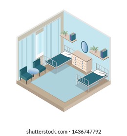 Hospital room with convenient service and medical equipment. Isometric 3D Design.