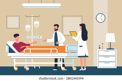 Hospital room. Doctor in uniform and nurse provide medical care to sick patient in intensive therapy ward lying on bed, consultation and diagnosis modern aid interior healthcare flat vector concept