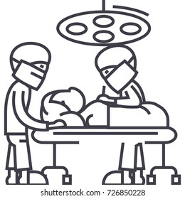 hospital room with doctors,surgery operation vector line icon, sign, illustration on background, editable strokes