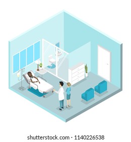 Hospital room in gynecological clinic with bed, drip and chairs. Female patient in the bed. Doctor and nurse standing at the bed. Isometric vector ilustration