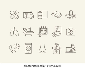 Hospital room icons. Set of line icons. Ambulance car, bandage, adhesive plaster. Clinic concept. Vector illustration can be used for topics like medicine, healthcare, medical help