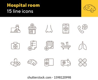 Hospital room icons. Set of line icons. Ambulance car, bandage, adhesive plaster. Clinic concept. Vector illustration can be used for topics like medicine, healthcare, medical help