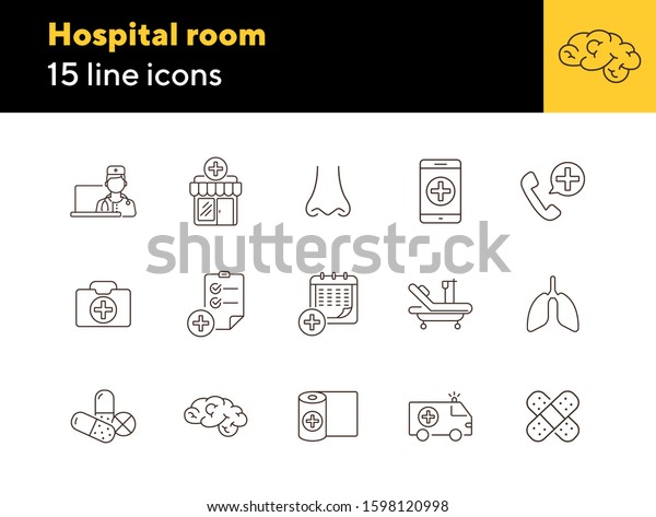 Hospital room\
icons. Set of line icons. Ambulance car, bandage, adhesive plaster.\
Clinic concept. Vector illustration can be used for topics like\
medicine, healthcare, medical\
help