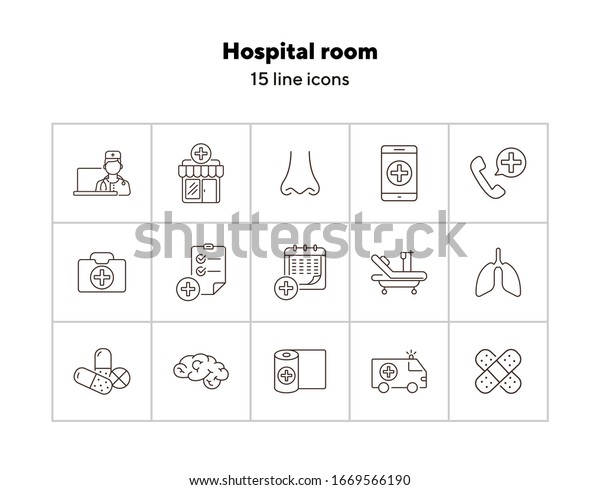 Hospital room\
icons. Set of line icons. Ambulance car, bandage, adhesive plaster.\
Clinic concept. Vector illustration can be used for topics like\
medicine, healthcare, medical\
help