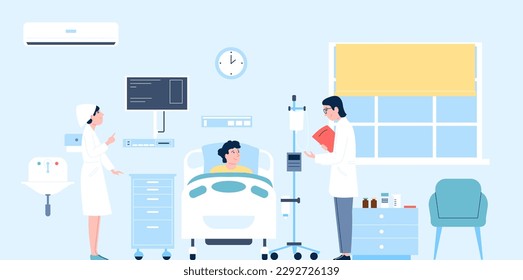 Hospital room inside interior, patient and doctors. Ambulance, hospitalized man in bed. Medical modern practice, healthcare recent vector scene