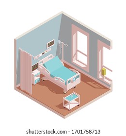 Hospital room intensive therapy interior. Include a bed, bedside cabinet, curtains and others hospital equipment. Vector isometric illustration isolated on white.