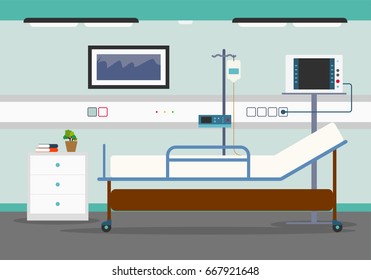 Hospital Room Intensive Therapy. Interior with heart rate monitor, bed, medical equipment.  Vector