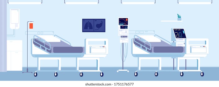 Interior de la habitación del hospital. consultorio médico, equipo de la clínica. Diseño médico moderno en interiores con camas y monitores ilustrativos vectoriales