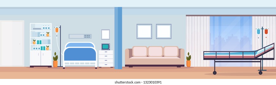 Hospital Room Interior Of Intensive Therapy Patient Ward With Medical Tools Nursing Care Beds Empty, No People  In Modern Clinic Furniture Horizontal Banner