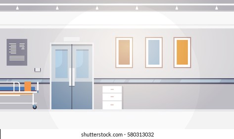 Hospital Room Interior Intensive Therapy Corridor Banner With Copy Space Flat Vector Illustration
