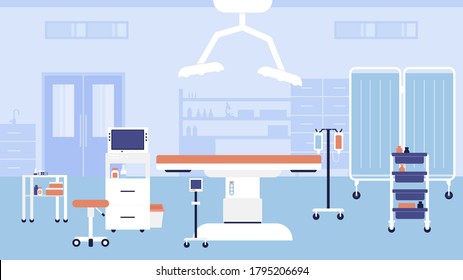 Hospital room interior vector illustration. Cartoon empty medic office hospital workplace for doctors appointment or consultation, modern clinic medical furniture, equipment, bed and table background