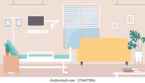 Hospital room interior. Hospital ward intensive therapy emergency, doctor office with bed and monitor, clinic equipment and furniture. Medical recreation hall concept vector illustration.