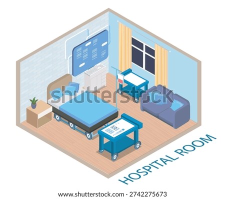 Hospital room isometric. Modern room interior. Bed and medical equipment for rehabilitation. Healthcare and medicine. Hospital inside. Volumetric vector illustration