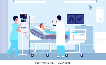 Hospital room. Patient in bed, doctor nurse with dropper giving medical care. Flat intensive therapy treatment clinic vector illustration