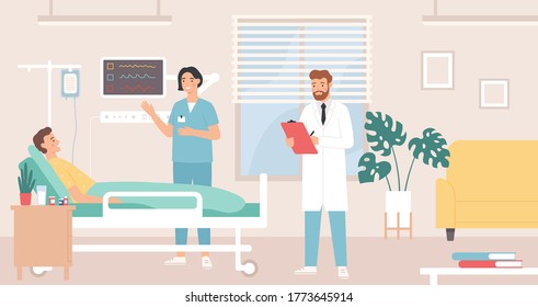 Hospital room. Patient in bed hospital ward, doctor and nurse provide medical care, intensive therapy, healthcare flat vector concept. Man character lying in bed with dropper having treatment