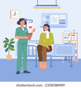 Hospital room. Patient in bed hospital ward, nurse provide medical care, intensive therapy, healthcare flat vector concept