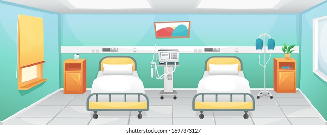 A hospital room with two beds, bedside tables and a ventilator. Fighting coronavirus in hospitals.