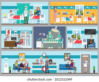 Hospital rooms set. Doctor's office and ward, children and adults.