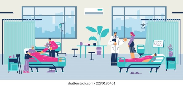 Hospital scene with beds, doctors, patients and visiting people - flat vector illustration. Visitors come to patients in clinic with flowers, communicate with doctor. healthcare concept.