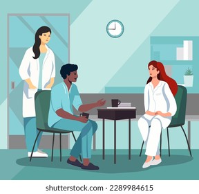 Escena del hospital con diversos grupos de médicos profesionales de la salud conversando casualmente en una sala de descanso. Personal médico - médicos y enfermeras en pausa en el interior de la oficina médica