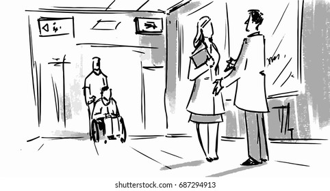 Hospital scene man and woman talking in the hall Vector sketch for cartoon, or storyboard project