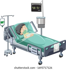 Hospital Scene With Sick Patient In Bed On White Background Illustration