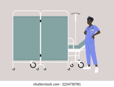 A hospital screen partition on wheels, a medical bed behind a room divider, a young doctor wearing a uniform