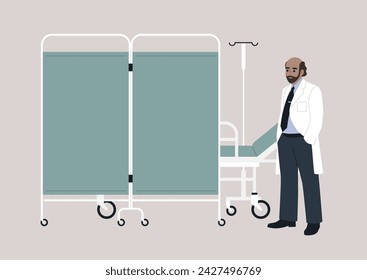 A hospital screen partition on wheels, a medical bed behind a room divider, a mature doctor wearing a uniform