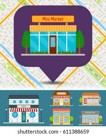 Hospital, seafood restaurant, mini market, ice cream shop, barbershop, fast food restaurant icons on map. Building facades set. EPS10 vector illustration in flat style.