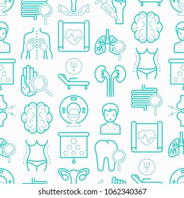 Hospital seamless pattern with thin line icons for doctor's notation: neurologist, gastroenterologist, manual therapy, ophtalmologist, cardiology, allergist, dermatologist. Vector illustration.
