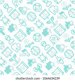 Hospital seamless pattern with thin line icons for doctor's notation: neurologist, gastroenterologist, manual therapy, ophtalmologist, cardiology, allergist, dermatologist. Vector illustration.
