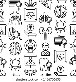 Hospital seamless pattern with thin line icons for doctor's notation: neurologist, gastroenterologist, manual therapy, ophtalmologist, cardiology, allergist, dermatologist. Vector illustration.