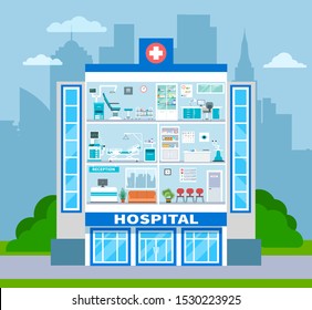 Hospital section. Empty doctor office, waiting examination room and surgery interiors in cross section. Healthcare vector concept