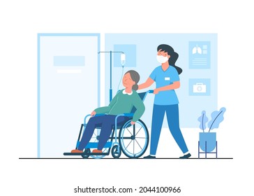 Hospital service concept flat vector illustration. Hospital staff provide wheelchairs for saline patients to the doctor's examination room. 