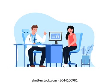 Hospital service concept flat vector illustration. The doctor examines, advises and dispenses medications to patients in the hospital examination room. 