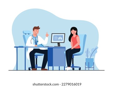 Hospital service concept flat vector illustration. The doctor examines, advises, and dispenses medications to patients in the hospital examination room. Hospital service concept a  flat vector 