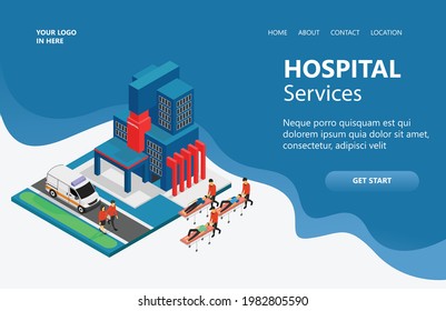 Hospital service isometric vector illustration, two people walking with patient data papers and some people pushing a medical trolley, look in a hurry. vector isometric style