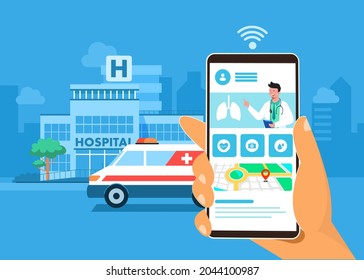 Hospital service Patients can call an ambulance service via phone. or online via the hospital's website for 24 hours. Healthcare, hospital and medical diagnostics. Urgency services. Flat illustration