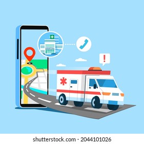 Hospital service Patients can call an ambulance service via phone. or online via the hospital's website for 24 hours. Healthcare, hospital and medical diagnostics. Urgency services. Flat illustration