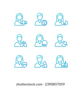 Hospital services pixel perfect gradient linear vector icons set. Cardiologist, gastroenterology. Diagnostics. Thin line contour symbol designs bundle. Isolated outline illustrations collection