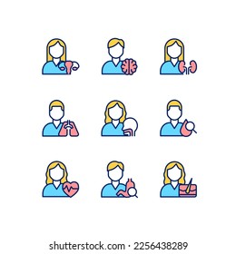 Hospital services pixel perfect RGB color icons set. Cardiologist, gastroenterology. Diagnostics and treatment. Isolated vector illustrations. Simple filled line drawings collection. Editable stroke