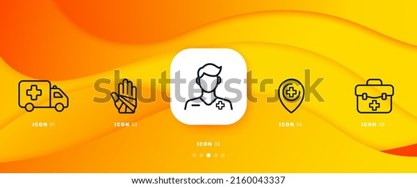 Hospital set\
icon. Ambulance, fracture, bandage, doctor, bruise, wound, first\
aid kit, pointer, emergency room, etc. Health care concept.\
Infographic timeline with icons and 5\
steps