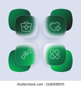 Hospital set icon. First aid kit, heart, band aid, stroke, fracture, disease, doctor, medicine. Health care concept. Glassmorphism style. Vector line icon for Business and Advertising