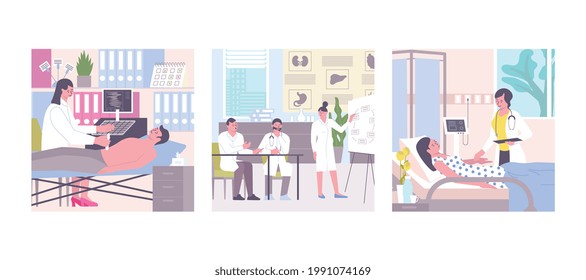Hospital set of three square compositions with flat clinic sceneries and characters of patients with doctors vector illustration